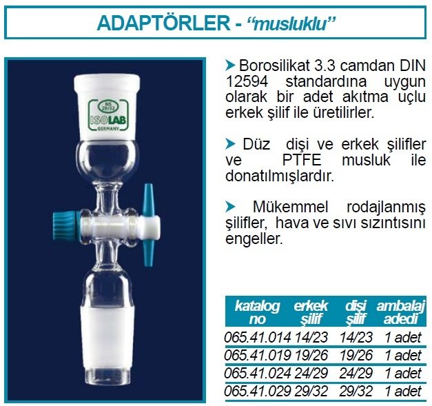 İSOLAB 065.41.019 konnektör - musluklu - dişi şilif : NS 19/26 - erkek şilif : NS 19/26 (1 adet)