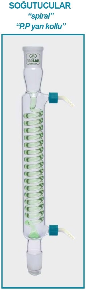 İSOLAB 033.16.253 soğutucu - spiralli - 250 mm - dişi şilif : NS 29/32 - erkek şilif : NS 29/32 - P.P yan kol (1 adet)