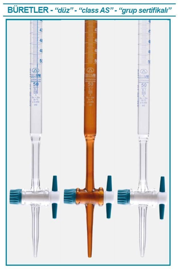 İSOLAB 017.01.050 büret - düz - şeffaf - PTFE musluklu - AS kalite - şelbah çizgili- 50 ml (1 adet)