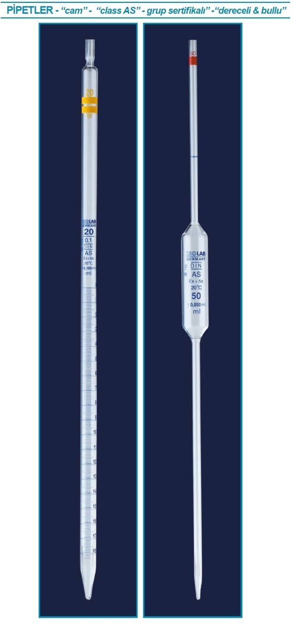İSOLAB 021.01.020 pipet - cam - dereceli - AS kalite - mavi skala - 20 ml (10 adet)