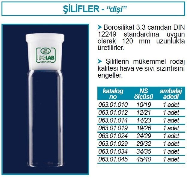 İSOLAB 063.01.012 dişi şilif - 120 mm - NS 12/21 (1 adet)
