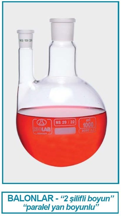 İSOLAB 030.30.100 balon - dibi yuvarlak - 2 boyunlu - paralel yan boyun - merkez boyun : NS 14/23 - yan dişi şilif : NS 14/ 23 - 100 ml (1 adet)
