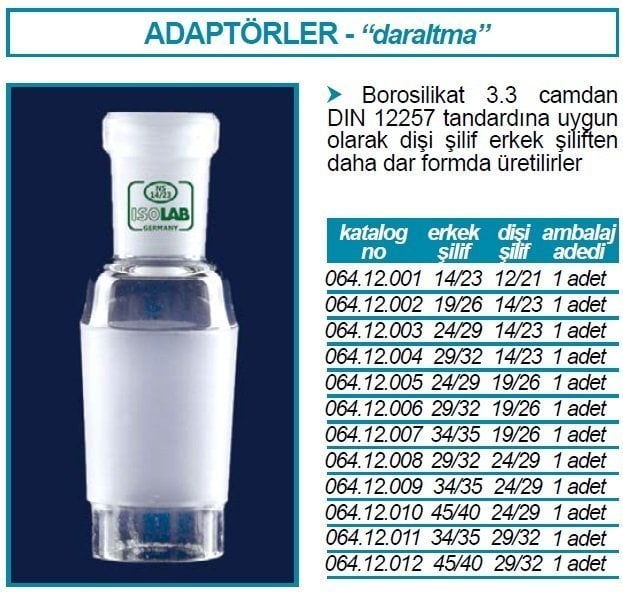 İSOLAB 064.12.008 adaptör - daraltma amaçlı - dişi şilif : NS24/29 - erkek şilif : NS29/32 (1 adet)