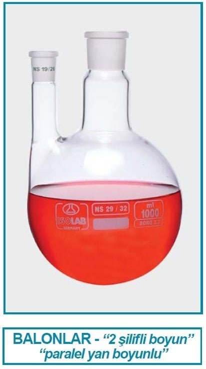 İSOLAB 030.33.500 balon - dibi yuvarlak - 2 boyunlu - paralel yan boyun - merkez boyun : NS 29/32 - yan dişi şilif : NS 14/23 - 500 ml (1 adet)
