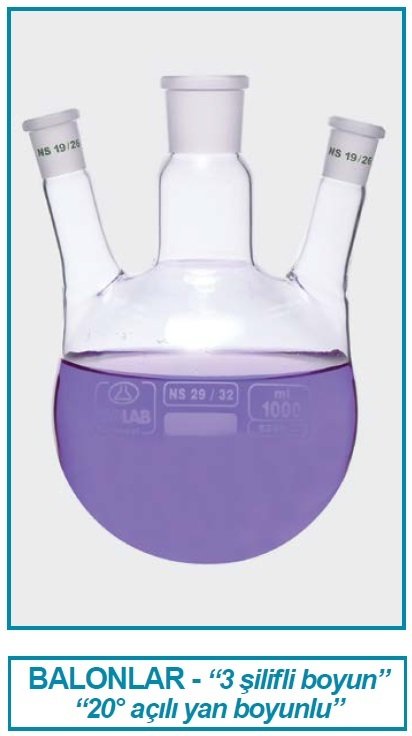 İSOLAB 030.41.500 balon - dibi yuvarlak - 3 boyunlu - yan dişi şilif - merkez boyun : NS 29/32 - yan boyun(lar) : NS 29/32 - 500 ml (1 adet)