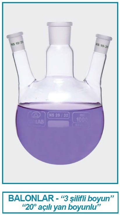 İSOLAB 030.41.902 balon - dibi yuvarlak - 3 boyunlu - yan dişi şilif - merkez boyun : NS 29/32 - yan boyun(lar) : NS 29/32 - 2000 ml (1 adet)