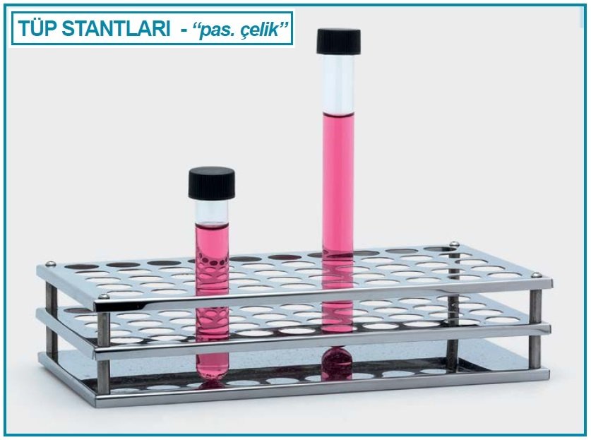 İSOLAB 079.02.001 tüp standı - paslanmaz çelik - 50 delik - 13 mm tüpler için (1 adet)