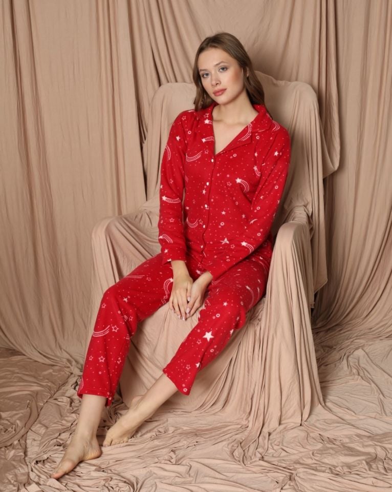 Pijamoni Kadın Önü Komple Düğmeli İnci Welsoft Pijama Takım