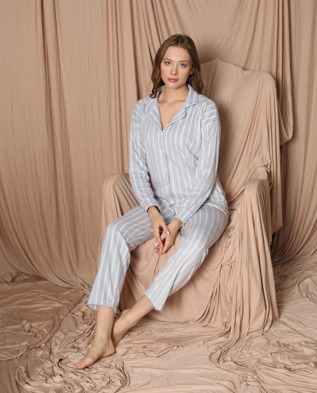 Pijamoni Kadın Önü Komple Düğmeli İnci Welsoft Pijama Takım