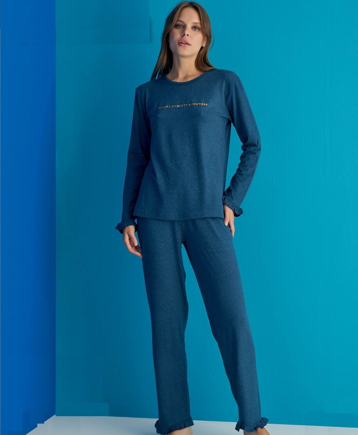 Arcan Kışlık Yün Viskon Kadın Mavi Pijama Takım