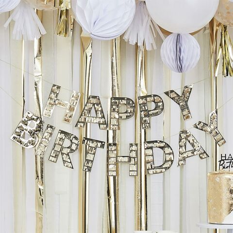 Ginger Ray - Gold Fringe Happy Birthday Bunting - Altın Püsküllü Happy Birthday Asılan Süs