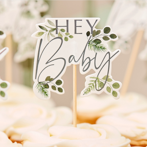 Ginger Ray - Hey Baby Botanical Cupcake Toppers - Hey Baby Botanik Cupcake Süsleri