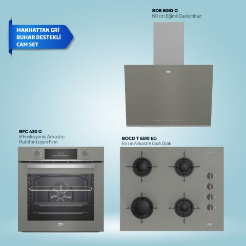 Beko Manhattan Gri Buhar Destekli Cam Ankastre Set