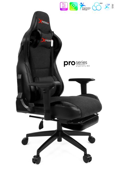 XPrime Over Pro. Oyuncu Koltuğu Hybrid Kumaş 4D Kolçak Ayak Uzatmalı Jet Black Siyah