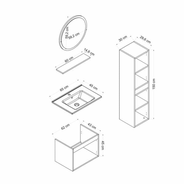 Minar Banyo Dolabı 65Cm As2K+1Ya1R+Etj+Boy Beyaz