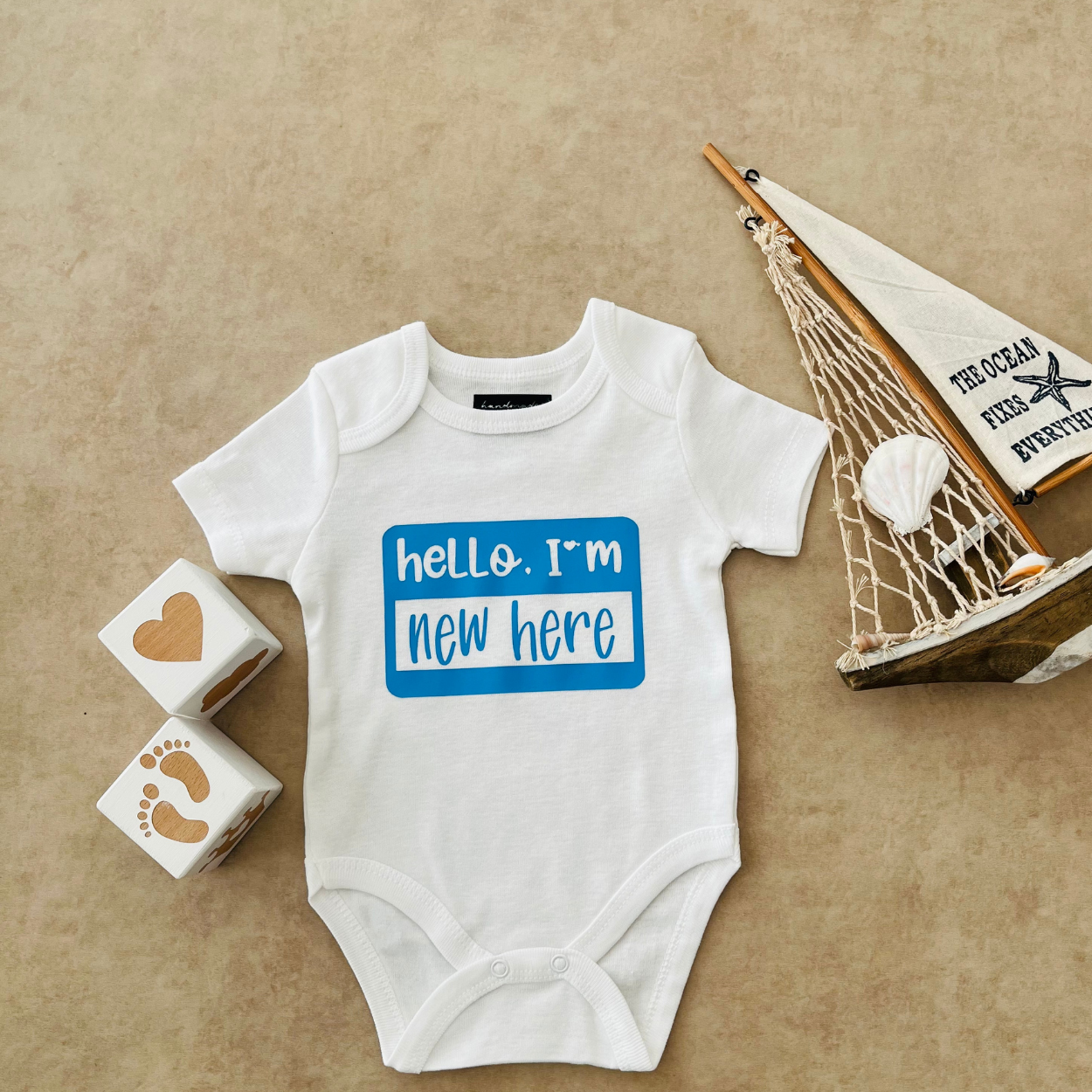 Hello I'm New Here (Mavi) - Özel Tasarım Bebek Body/Zıbın Baby Bodysuit