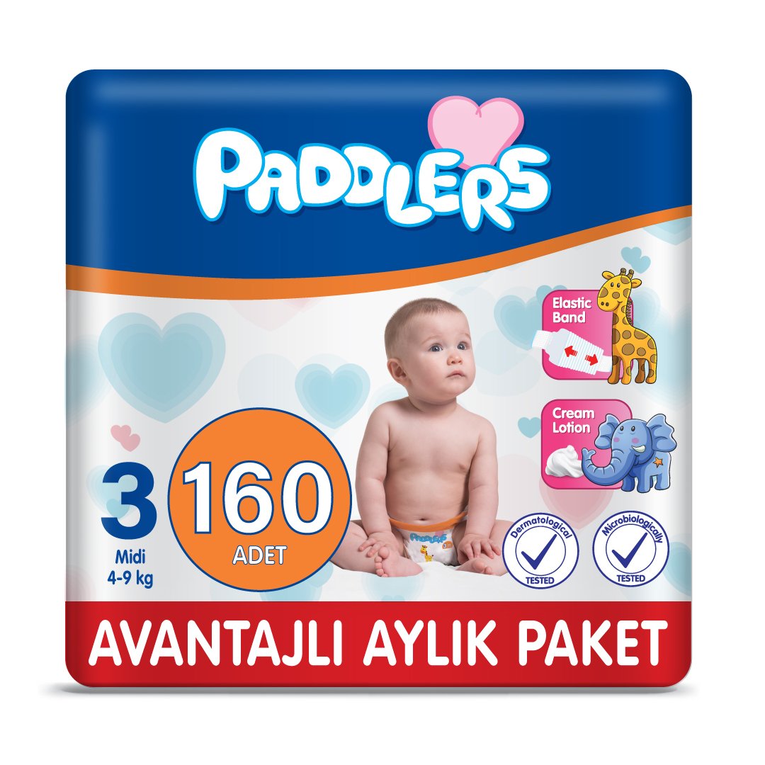 Paddlers Bebek Bezi 3 Numara Midi 160 Adet (4-9 Kg) Aylık Paket