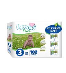 Paddlers Pure Bebek Bezi 3 Numara Midi 102 Adet (4-9 Kg)  Aylık Fırsat Paketi