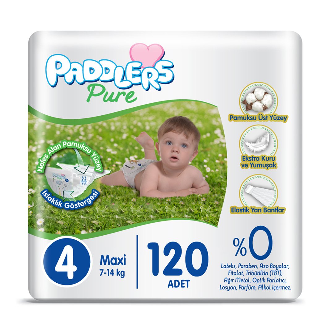 Paddlers Pure Bebek Bezi 4 numara Maxi 120 Adet ( 7-14 kg ) Süper Fırsat Paketi