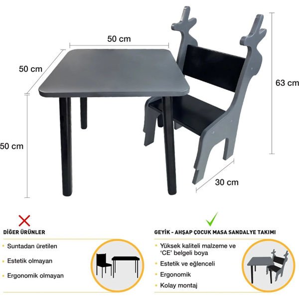 Ahşap Çocuk Oyun Ve Aktivite Masa Sandalye Takımı Geyik