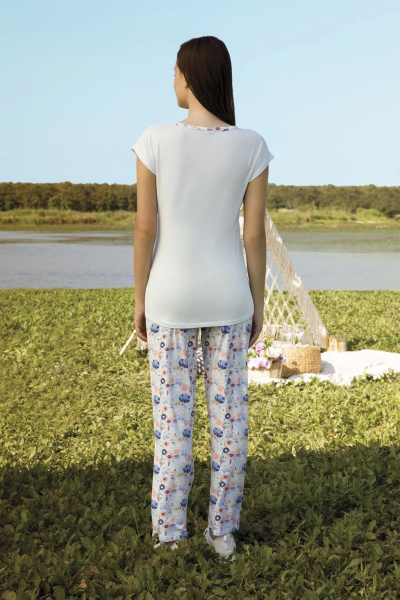 Doreanse 4373 Kadın Mavi Çiçek Desenli T-Shirt Pijama Takımı