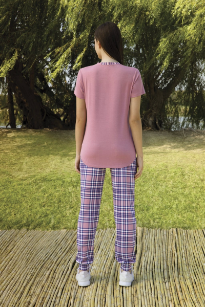 Doreanse 4333 Kadın Pembe Kareli T-Shirt Pijama Takımı