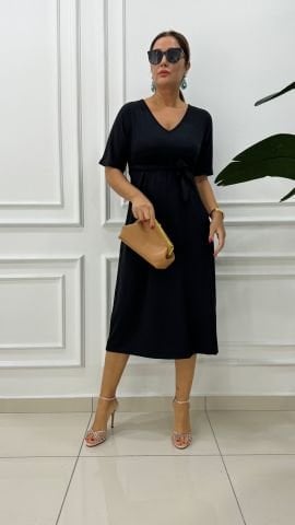 Fellin Kadın V Yaka Kuşaklı Siyah Elbise