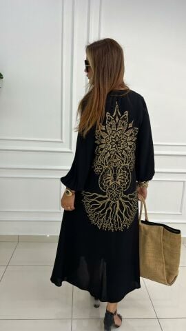 Kadın Siyah Yaşam Ağacı Desen Elbise