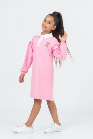 6-9 Yaş Kız Çocuk Düğmeli Yaka Detaylı Küçük Kalp Baskılı Elbise- 603