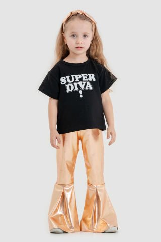 Tuffy Super Diva Baskılı Deri Tayt Detaylı Kız Çocuk İkili Takım-1025