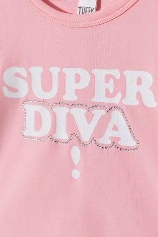 Tuffy Super Diva Baskılı Deri Tayt Detaylı Kız Çocuk İkili Takım-1025