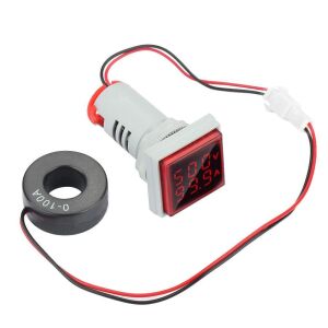 22mm Dijital Voltmetre Ampermetre Kare AC 60- 500V 0-100A Kırmızı
