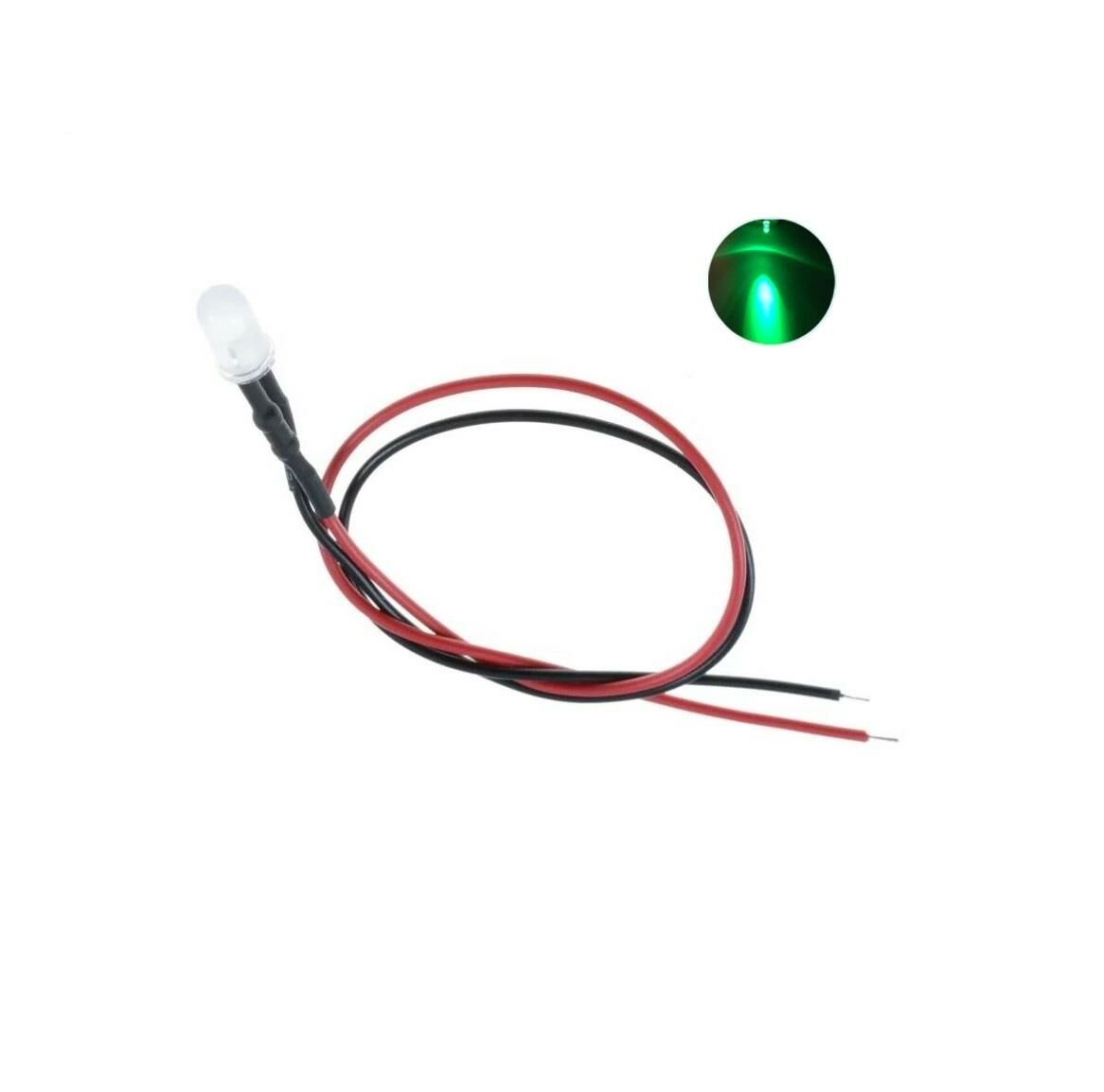 12V LED Kablolu 5 Adet 5mm Yeşil Şeffaf - 20 Cm