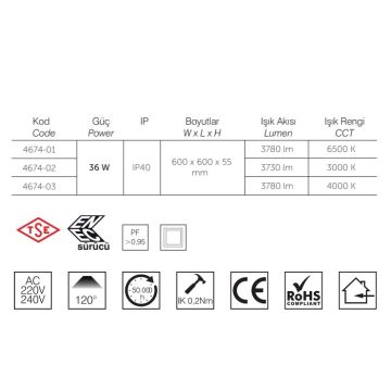 inoled 4674-01 36 Watt TSE Sertifikalı 60x60 Sıva Altı LED Panel - Beyaz Işık (6500K)