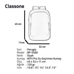 CLASSONE BP-S560 15.6'' Perugia Serisi Wtx Pro Sırt Çantası Siyah
