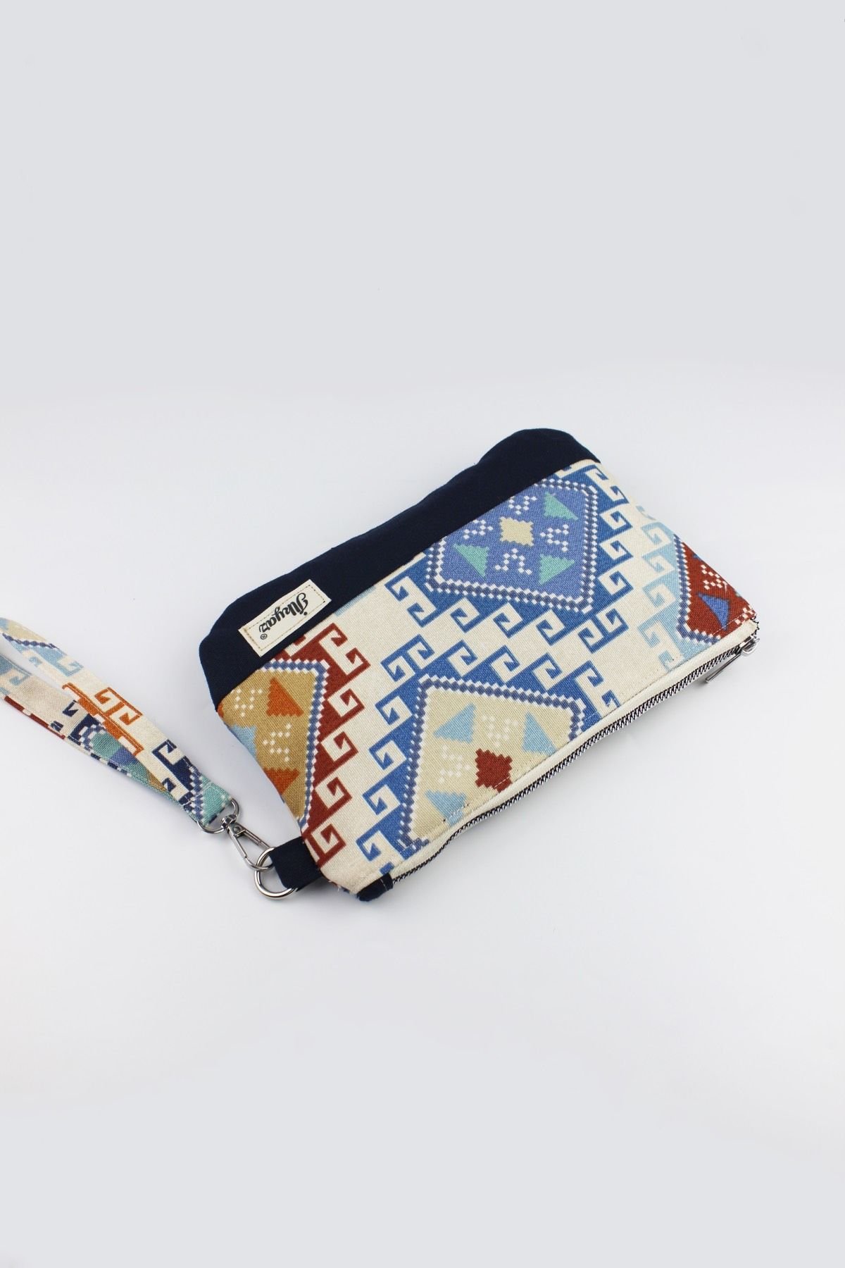 Kilim Desenli Çok İşlevli Lacivert El Çantası, Cüzdanı