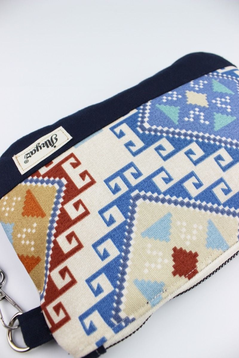 Kilim Desenli Çok İşlevli Lacivert El Çantası, Cüzdanı