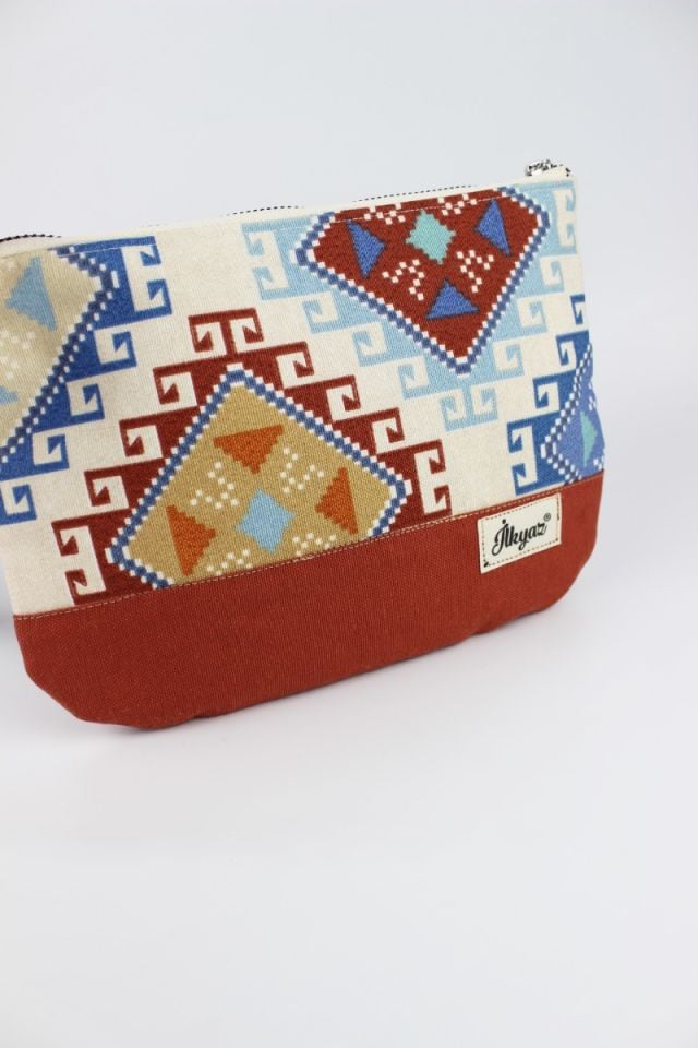 Kilim Desenli Çok İşlevli Kiremit El Çantası, Cüzdanı