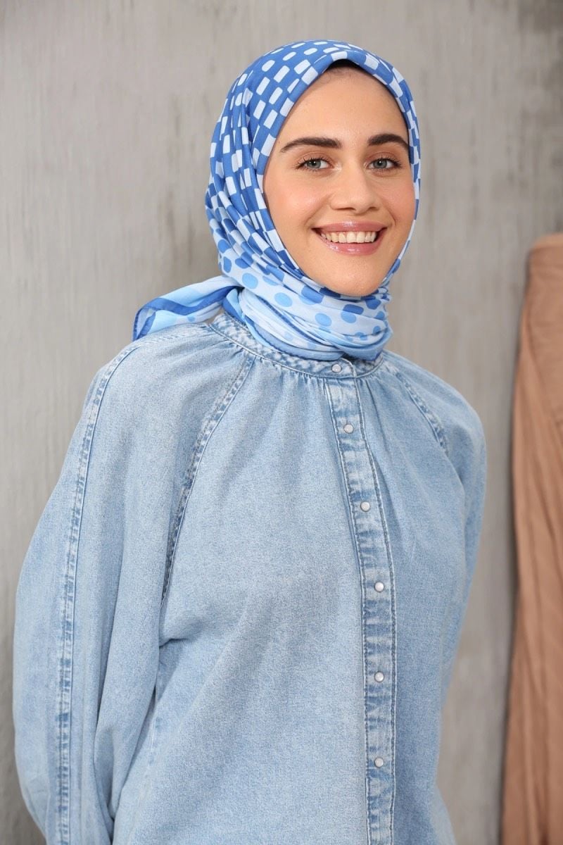 Modakaşmir Puantiye Desenli Soft Pamuk Eşarp - Mavi