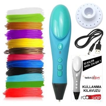 YENİ Mavi Renk 3D Pen Kalem Yazıcı ve 50 metre PLA Filament (10 renk x 5 metre)