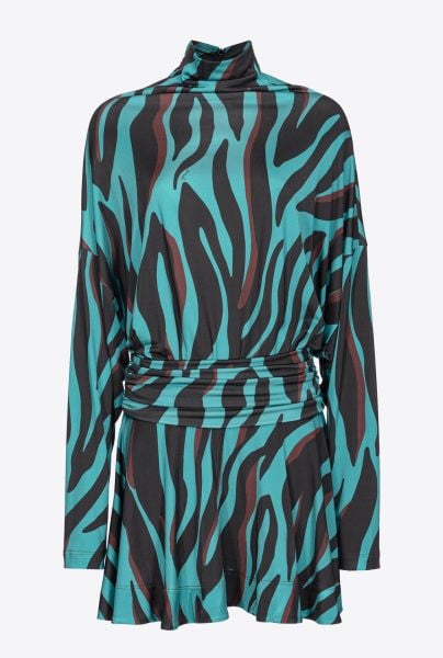 Yüksek Yakalı Zebra Desenli Mini Elbise