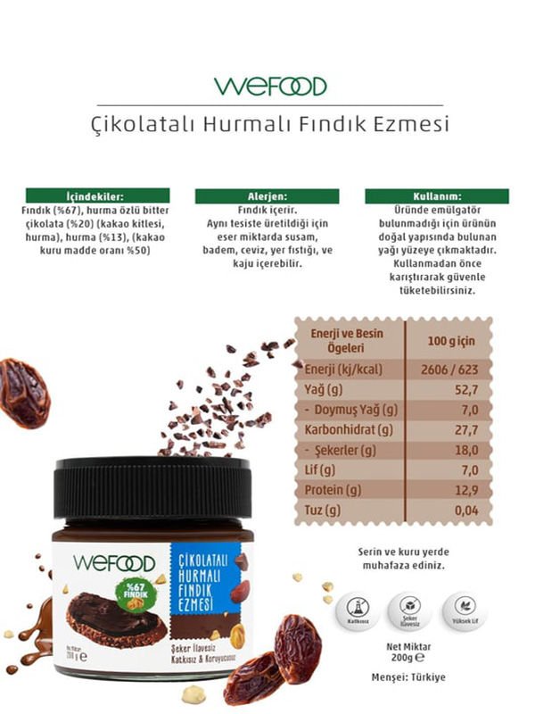 Wefood Çikolatalı Hurmalı Fındık Ezmesi (Şekersiz, Katkısız) 200 gr x 2 Paket