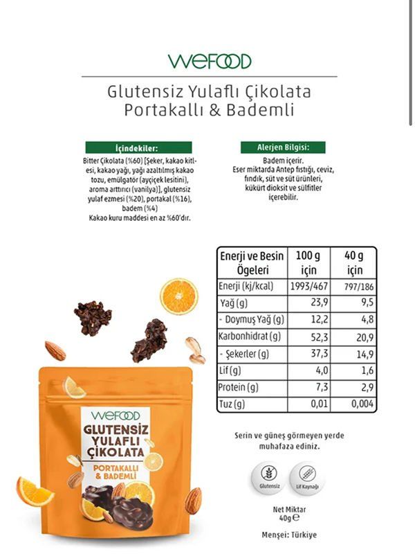 Wefood Glutensiz Yulaflı Çikolata Portakallı & Bademli 40 gr x 2 Paket