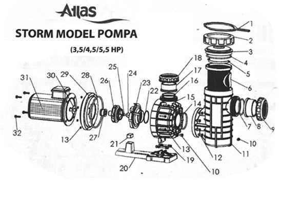 Atlas Pool Storm Model 5.5hp Havuz Pompası Ön Filitre Gövde