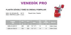 Venedik Pro QSB-JH-750121  750W 220V Plastik Gövdeli Temiz Su Drenaj Dalgıç Pompa - Üstten Çıkışlı