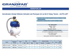 Grandfar AUTO-Jet 100-24lt 1Hp 220V Jet Pompalı ve 24 Litre Yatay Tanklı Kendinden Emişli Döküm Gövdeli Paket Hidrofor