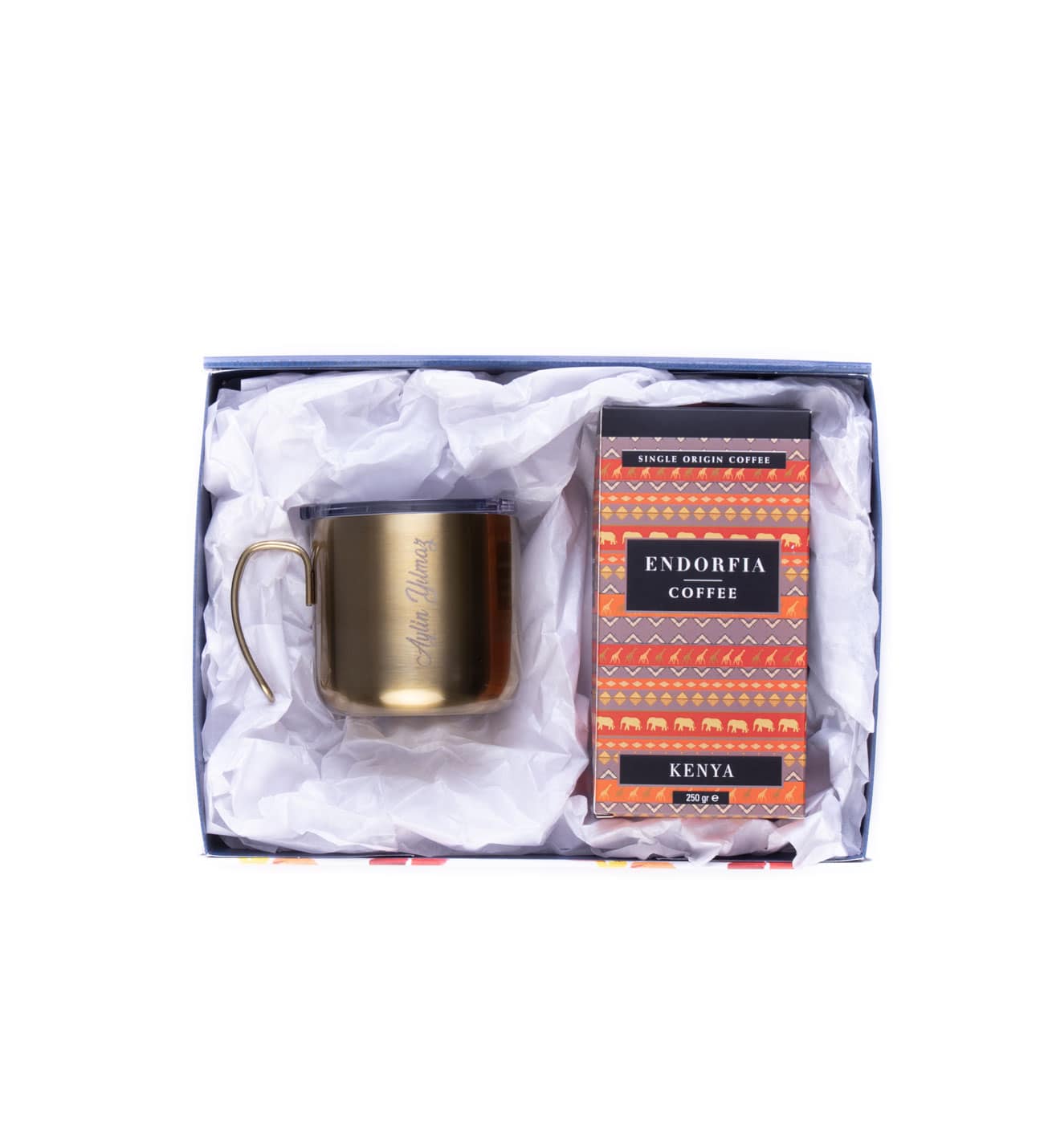 Kişiye Özel Hediyelik Çelik Kupa Bardak Gold & Kenya AA Plus Kahve Seti