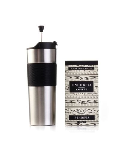 Kişiye Özel Hediyelik French Press Termos Gümüş & Etiyopya Sidamo Gr.4 Kahve Seti