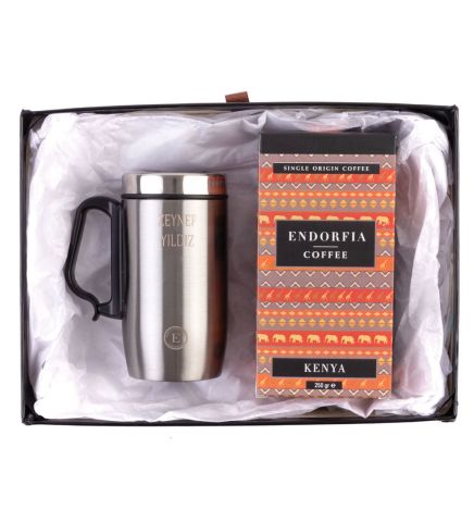 Kişiye Özel Hediyelik Çelik Termos Bardak Gümüş & Kenya AA Plus Kahve Seti