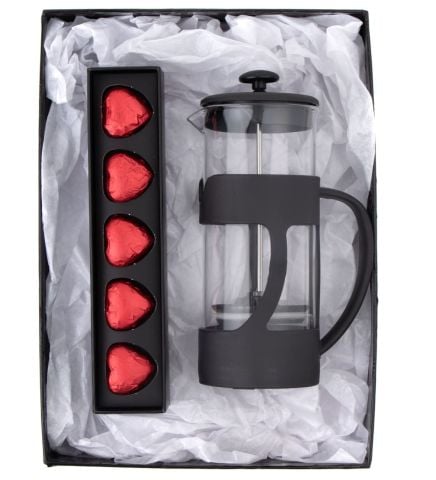 500 Ml French press ve  Single Slim Fıstıklı Kalp Çikolata Kırmızı